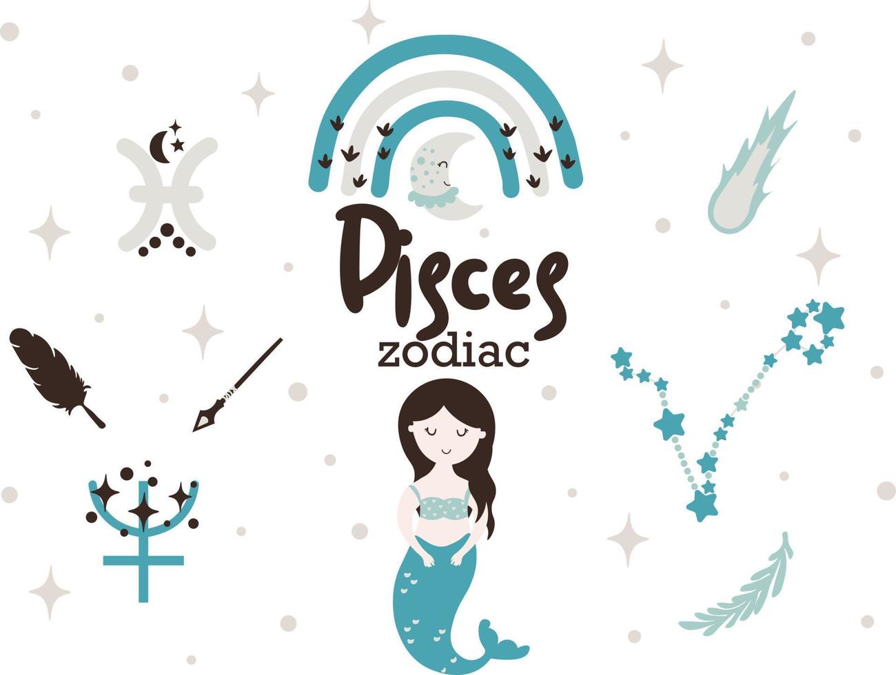 Fische Tierkreiszeichen Cliparts - niedliches Kinderhoroskop, Tierkreissterne, Konstellation, Regenbogen, Planet, Pfeil und Komet isolierte Vektorillustration auf weißem Hintergrund. niedlicher astrologischer vektorcharakter. vektor