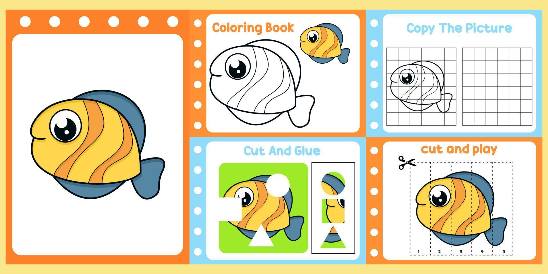Arbeitsblattpaket für Kinder mit Fischvektor. Lernbuch für Kinder vektor