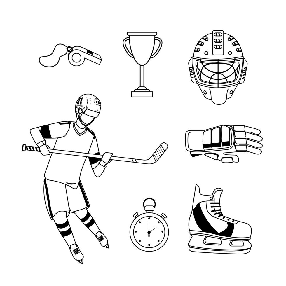 Satz Hockeyausrüstung und professionelle Uniformikonen vektor
