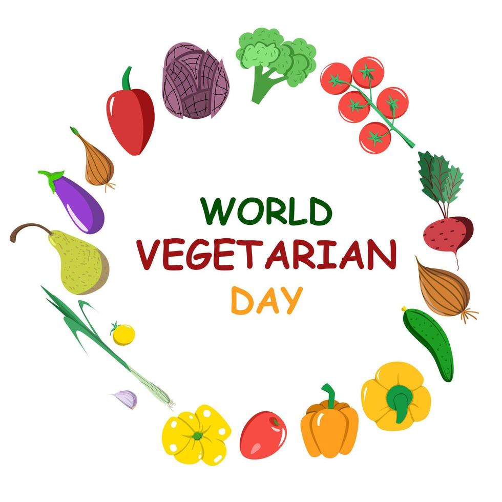 vektor vykort av de värld vegetarian dag i en platt stil. mat i en cirkel runt om.