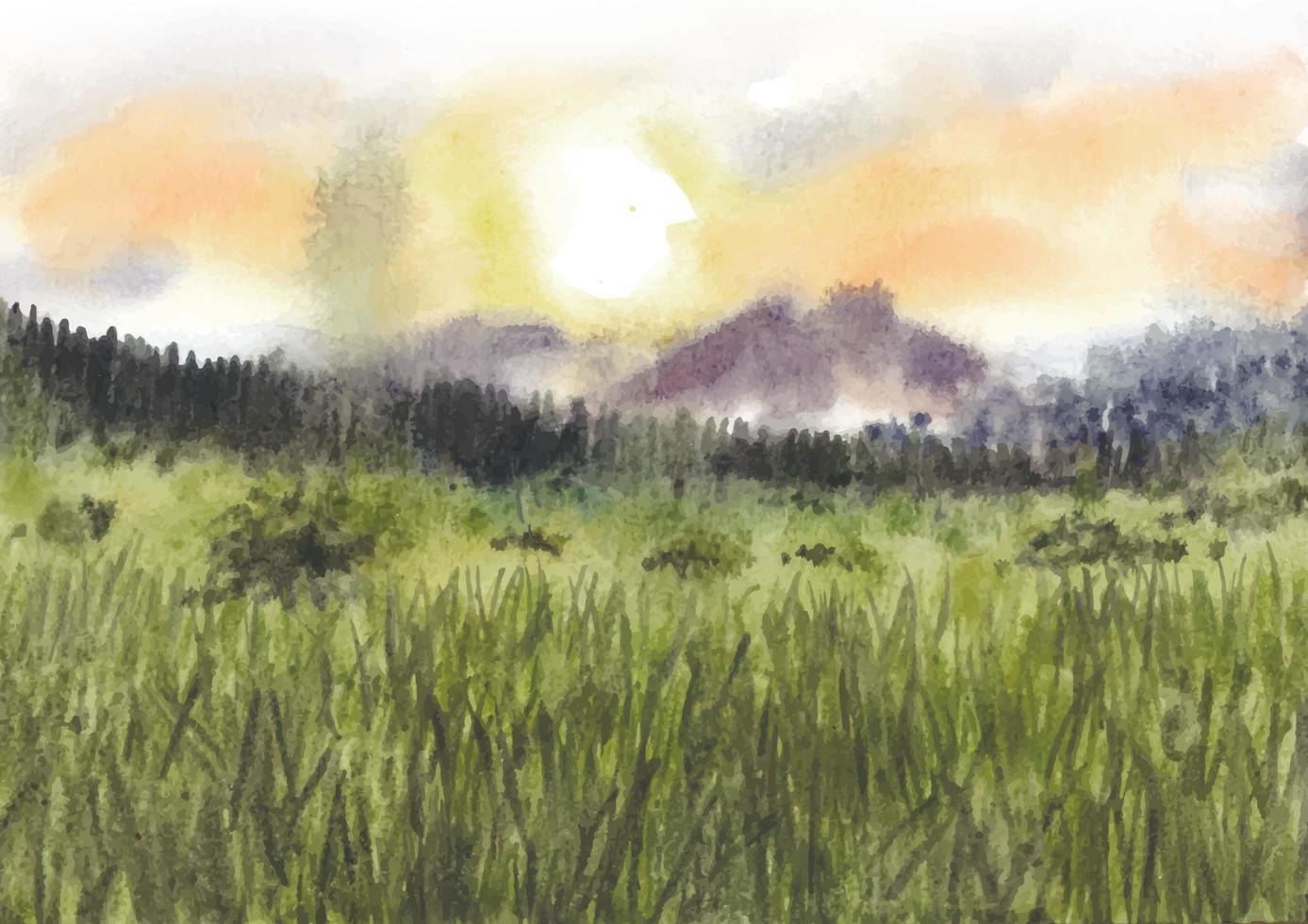 Sonnenaufgangsansicht der Savannennaturlandschaft in der Aquarellmalerei vektor