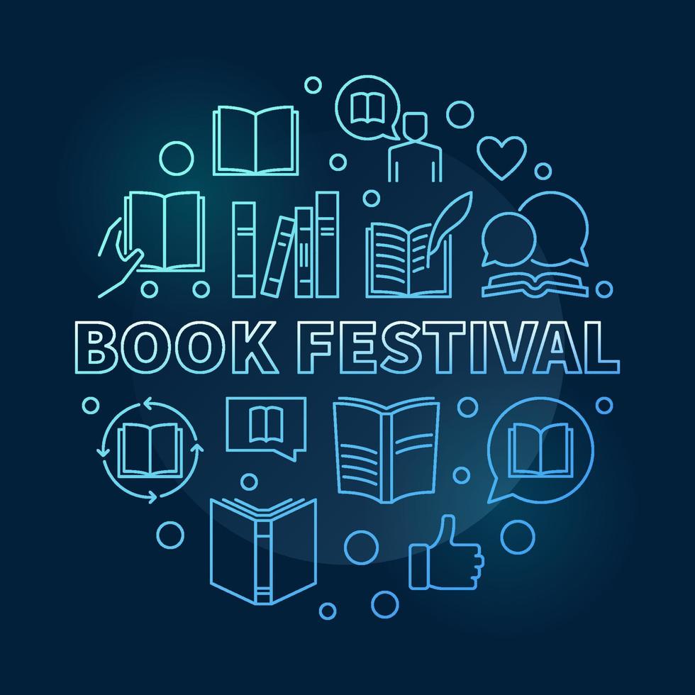 bok festival begrepp blå runda linjär vektor illustration