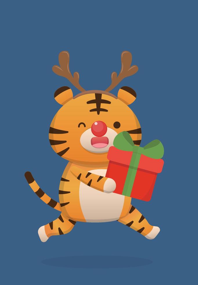 süßes Tiger-Charakter-Maskottchen mit Geschenkbox und Geweih, glücklich, Weihnachten zu feiern, Vektor-Cartoon-Stil vektor