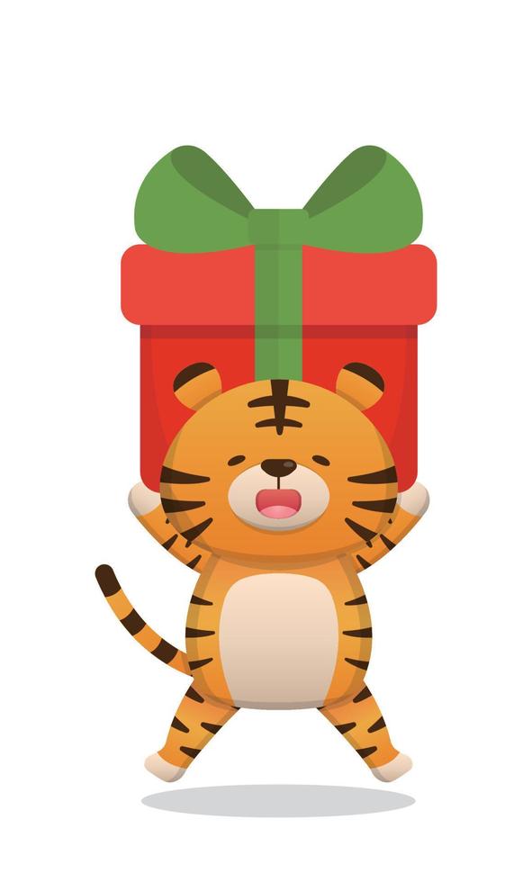 süßes Tiger-Charakter-Maskottchen mit Weihnachtsgeschenk, glücklich, Weihnachten zu feiern, Vektor-Cartoon-Stil vektor