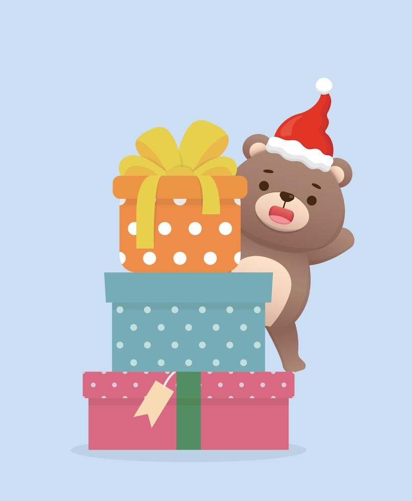 lekfull söt teddy Björn karaktär maskot med staplade gåva lådor, Lycklig fira jul, vektor tecknad serie stil
