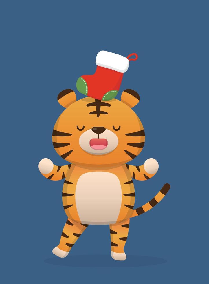 süßes tiger-charakter-maskottchen mit weihnachtsstrumpf, glücklich, weihnachten zu feiern, vektor-cartoon-stil vektor