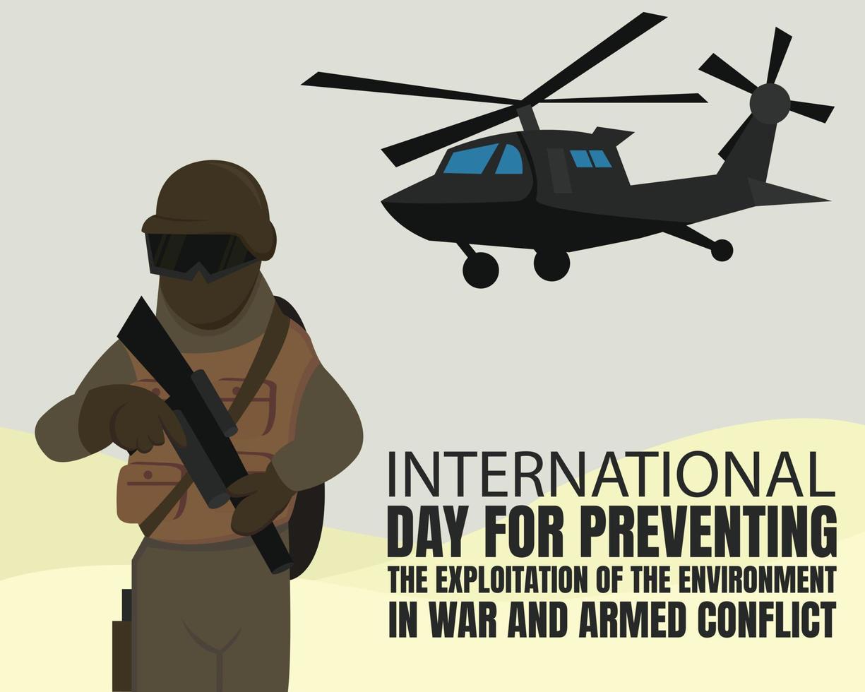 Illustrationsvektorgrafik eines vollständig bekleideten Soldaten, der eine lange Waffe hält und einen fliegenden Hubschrauber zeigt, perfekt für den internationalen Tag, die Verhinderung, die Ausbeutung, die Umwelt, den Krieg, die Bewaffnung usw vektor