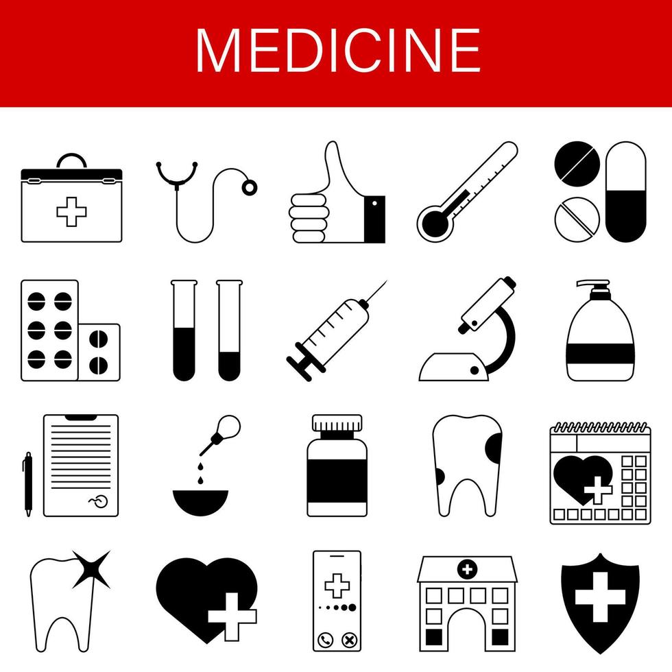 Reihe von medizinischen Symbolen. Erste-Hilfe-Kasten, Stethoskop, Pillen, Spritze, Zahn, Mikroskop, Reagenzgläser, Krankenhaus, Arzt Abschluss. Vektor