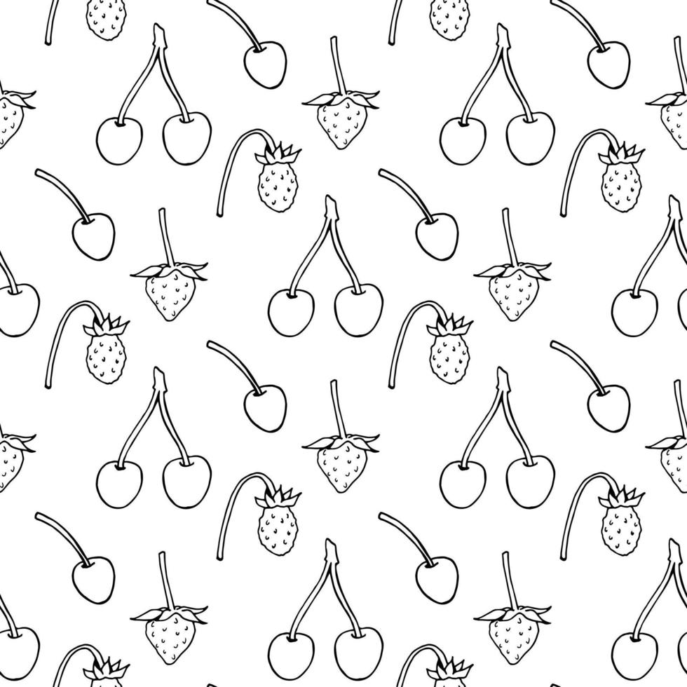 Nahtloses Muster mit schwarz-weißen Walderdbeeren und Kirschen auf weißem Hintergrund. Vektorbild. vektor