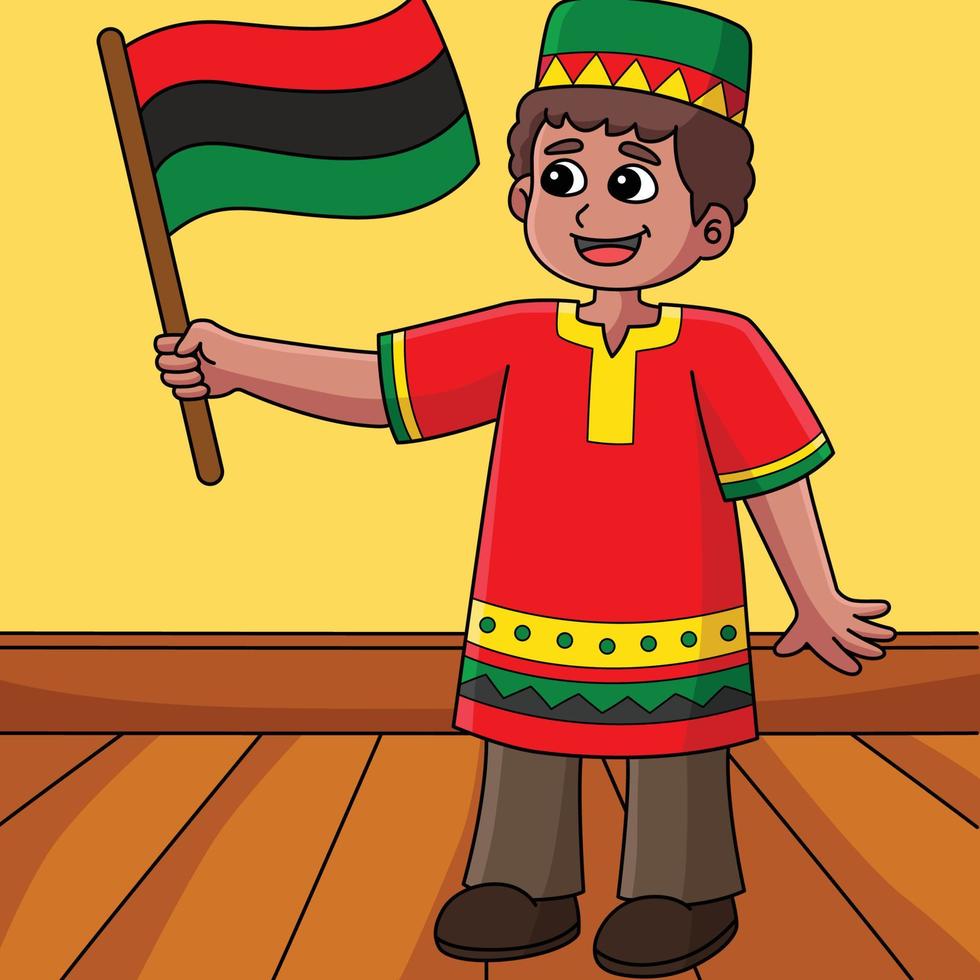 kwanzaa pojke innehav en flagga färgad tecknad serie vektor