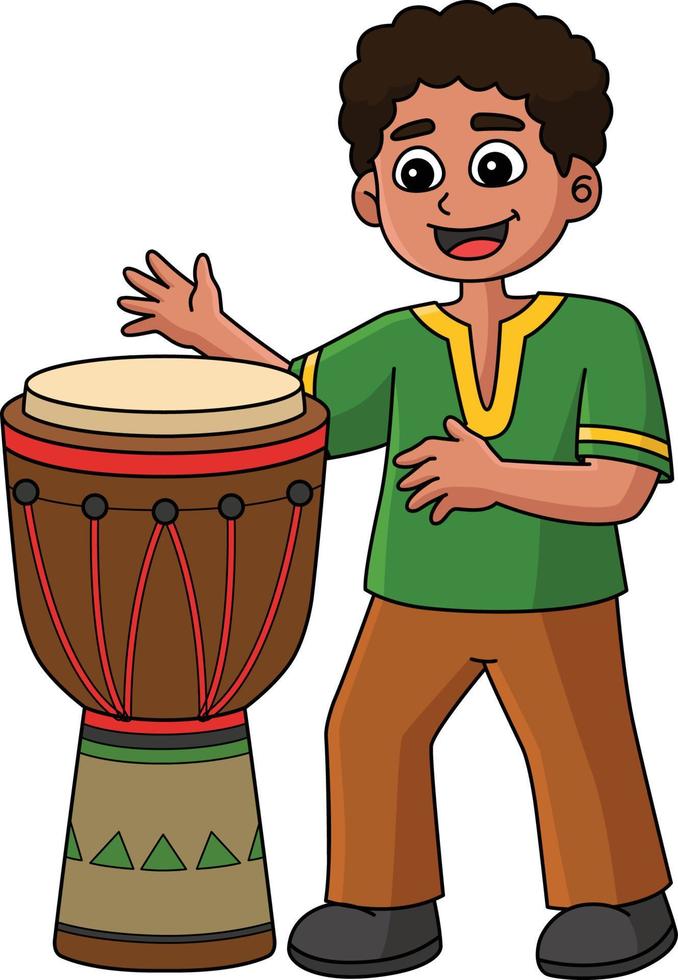 kwanzaa pojke spelar djembe tecknad serie färgad ClipArt vektor