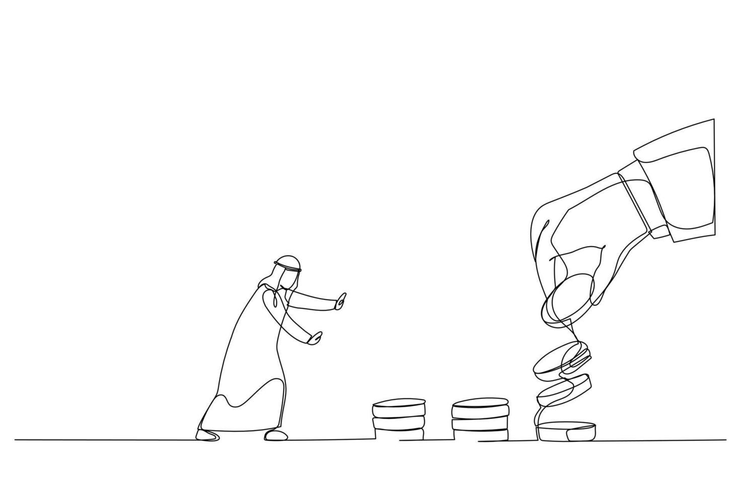 illustration der großen handgebrauchsdollarmünze, um arabischen geschäftsmann zu locken. Metapher für Geschäftsfalle und Finanzen. einzeiliger Kunststil vektor