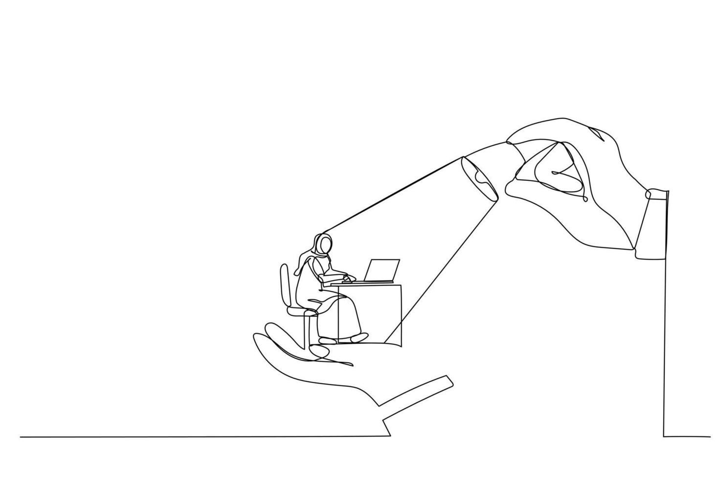 teckning av stor händer innehav arab kvinna och belysning på de topp, liknelse för kontrollera, Stöd och samordning. enda kontinuerlig linje konst stil vektor