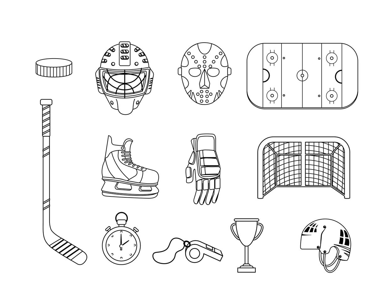 uppsättning hockeyutrustning och professionella enhetliga ikoner vektor