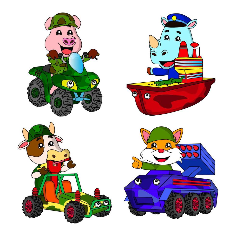 Cartoon-Set mit Illustrationen von Militärtieren und -fahrzeugen, Schweinen, Nashörnern, Kühen und Füchsen, ATVs, Kriegsschiffen, ideal für Kinderbuchillustrationen, Aufkleber, Schreibwaren, Websites, Spiele, mobile App vektor