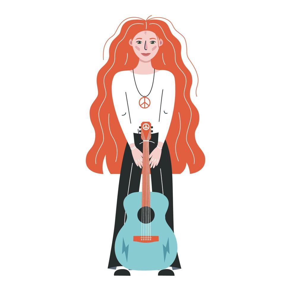 platt vektor hippie boho flicka med gitarr illustration. hand dragen retro häftig element