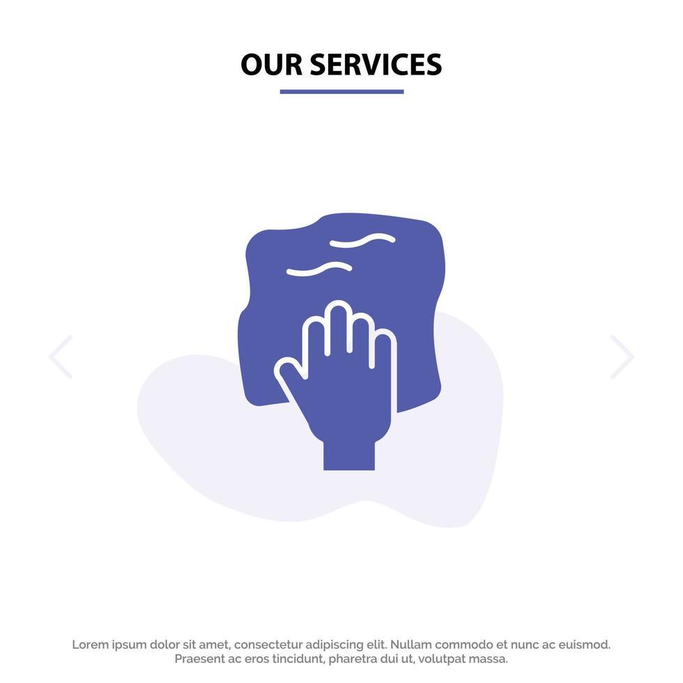 unsere dienstleistungen reinigung hand hausarbeit reiben schrubben solide glyph icon web card template vektor