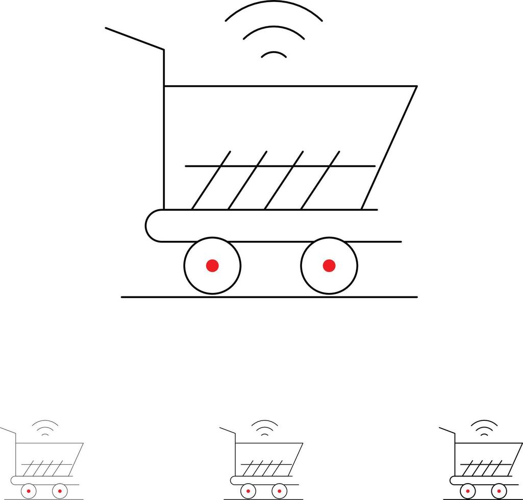Trolley Cart Wifi Shopping Fett und dünne schwarze Linie Icon Set vektor