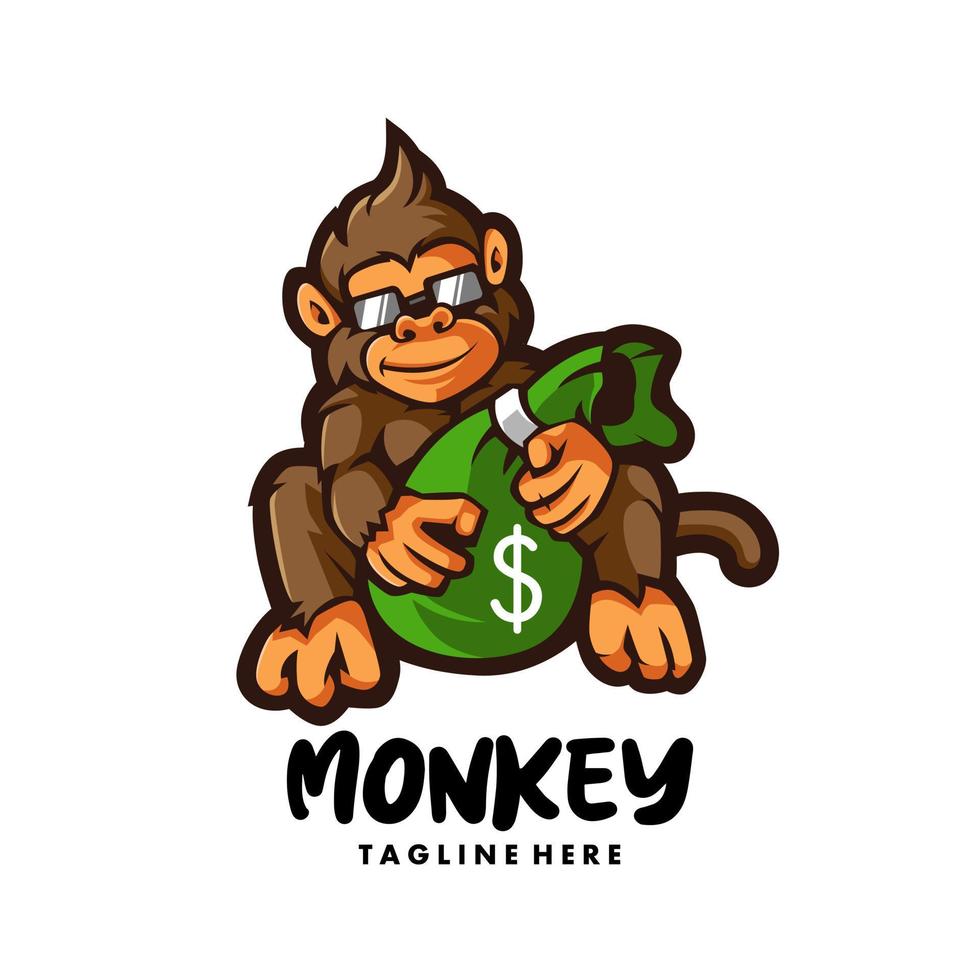 Affe hält Geldsack Cartoon Maskottchen Logo Design Illustration Vektor für Abzeichen Emblem T-Shirt Mannschaftssport Esport Gaming