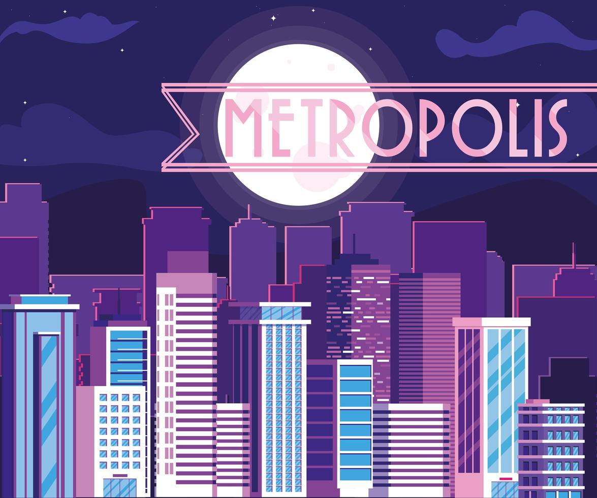 Metropolenstadtbildgebäude mit purpurrotem Himmel vektor
