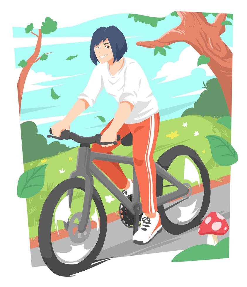 Illustration einer jungen Frau, die auf der Straße Fahrrad fährt. Gartenhintergrund, Gras, Bäume. das konzept von sport, hobbys, transport, natur, gesundheit usw. handgezeichneter vektor