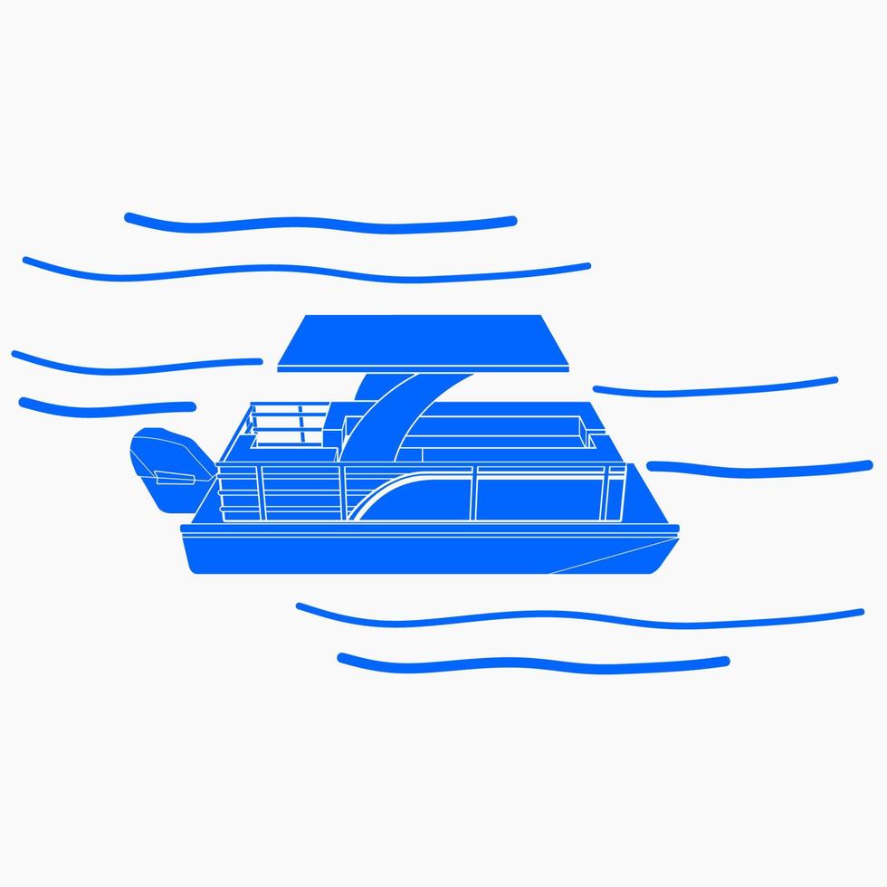 redigerbar trekvart topp sida se ponton båt på vågig vatten vektor illustration med blå Färg i platt svartvit stil för konstverk element av transport eller rekreation relaterad design
