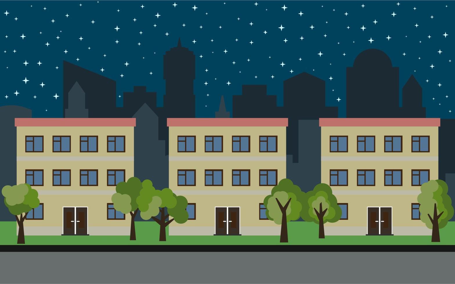 Vektorstadt mit drei dreistöckigen Cartoon-Häusern und grünen Bäumen bei Nacht. Sommer urbane Landschaft. Straßenansicht mit Stadtbild auf einem Hintergrund vektor
