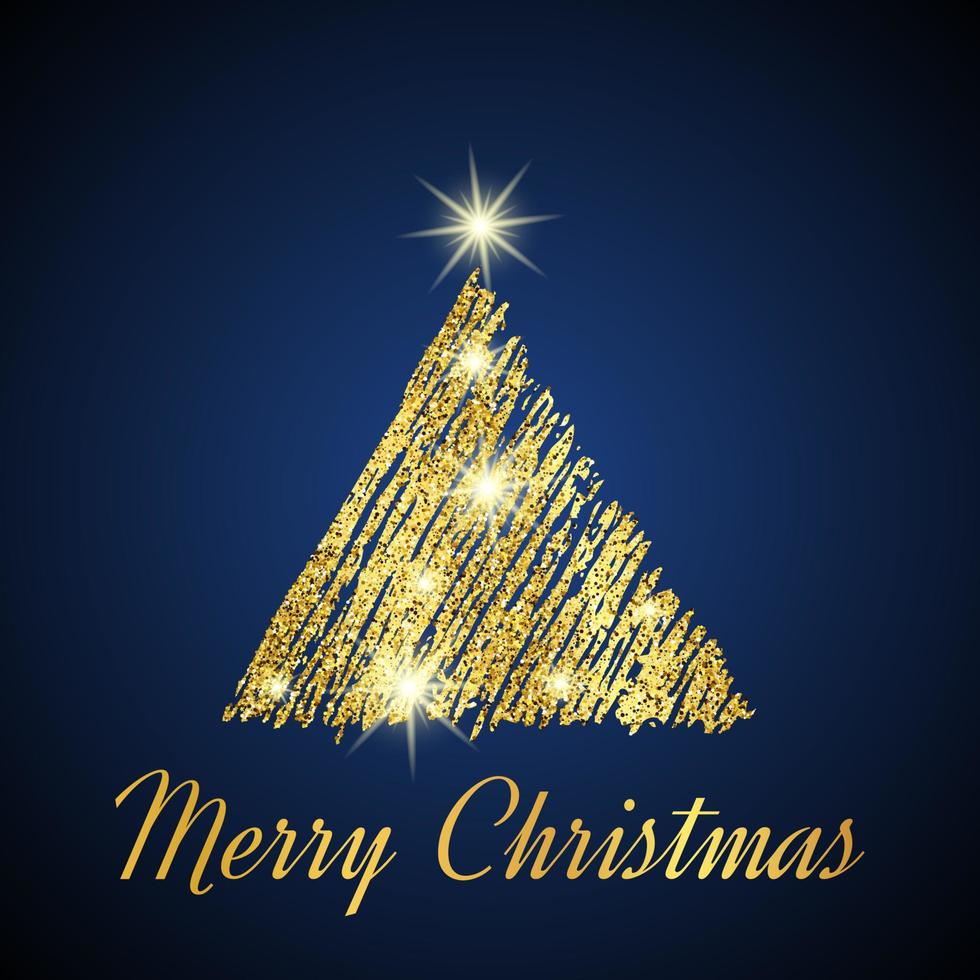 guld glitter jul träd i skiss stil på mörk blå bakgrund. Lycklig ny år kort design. vektor illustration.