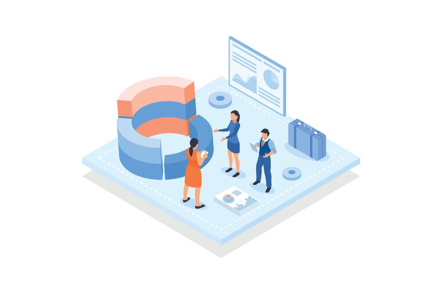 konzeptionelle vorlage mit einer gruppe von personen, die ein rundes diagramm analysieren. szene für team von analysten, die an datenanalyseprojekten, statistischer forschung, isometrischer vektormoderner illustration arbeiten vektor