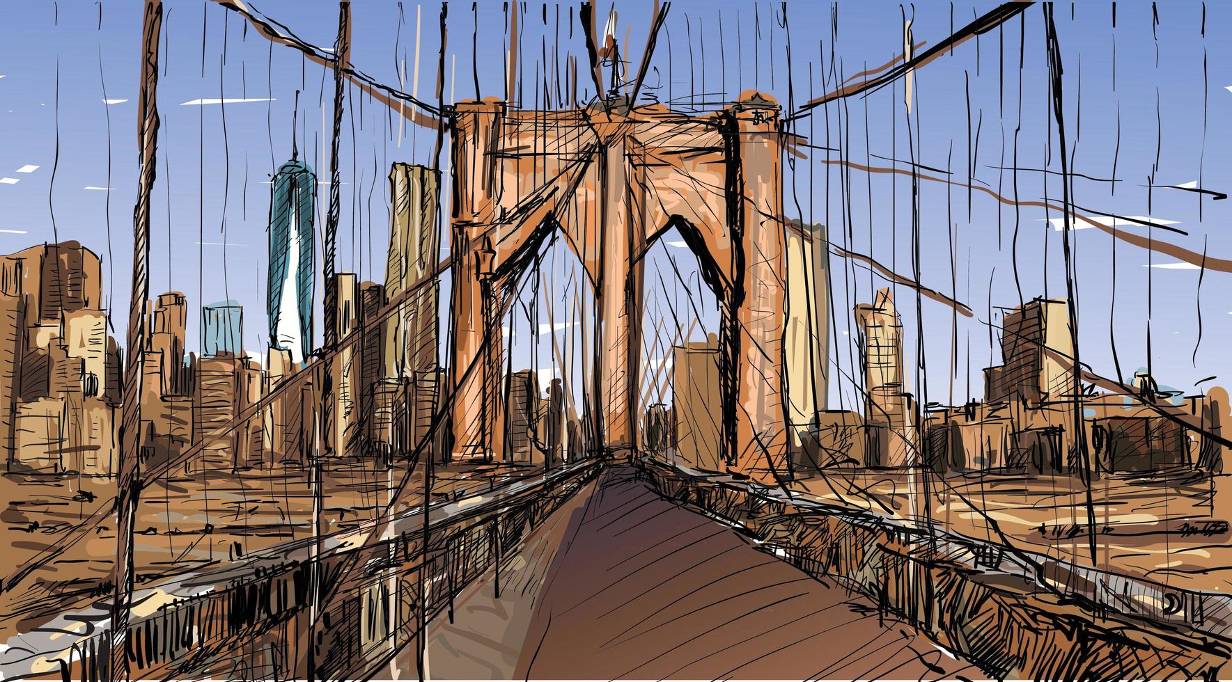 färgskiss av New York Citys Brooklyn Bridge Cityscape vektor