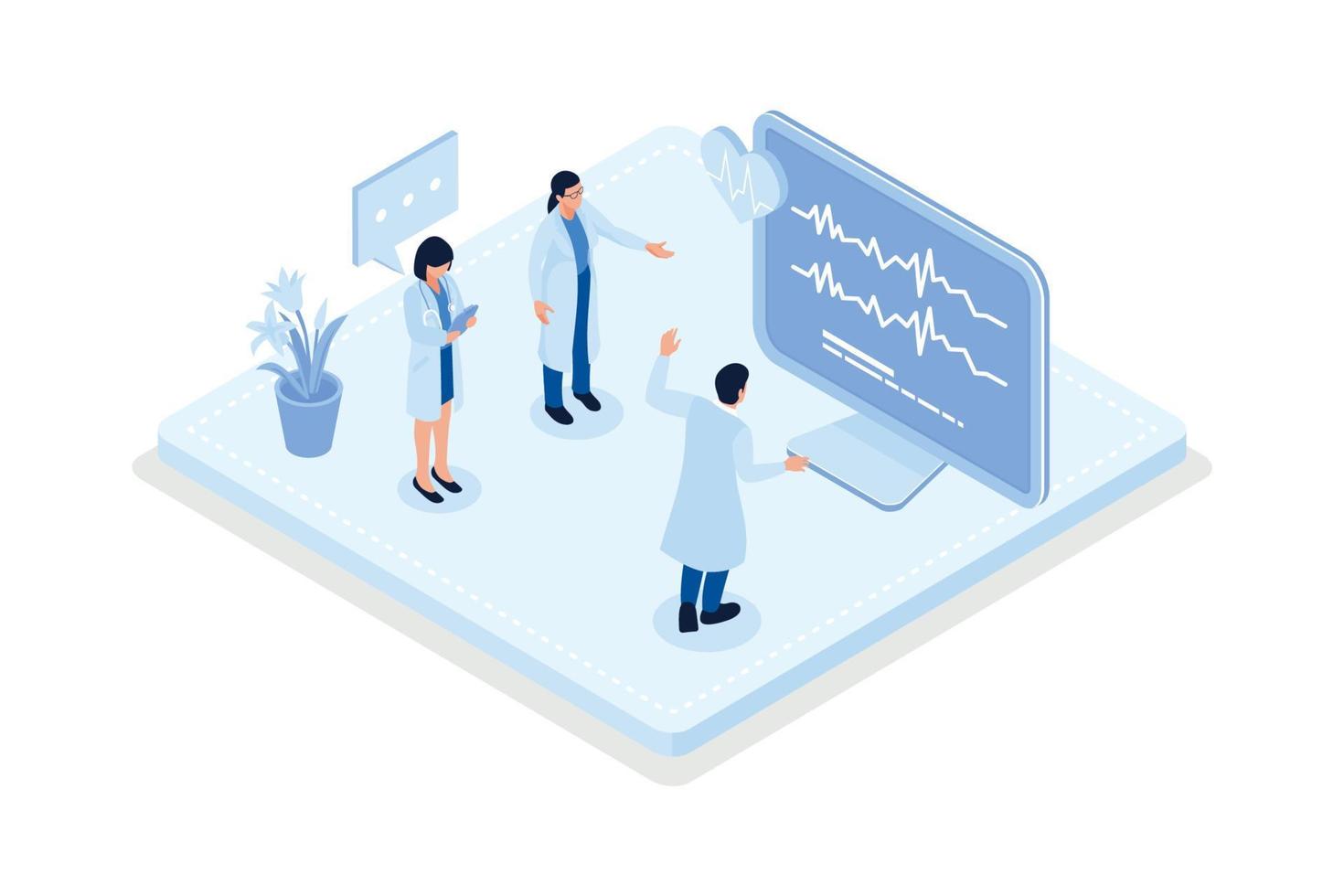 läkare checkar blod tryck och undersöka kardiogram och puls på ekg övervaka, isometrisk vektor modern illustration