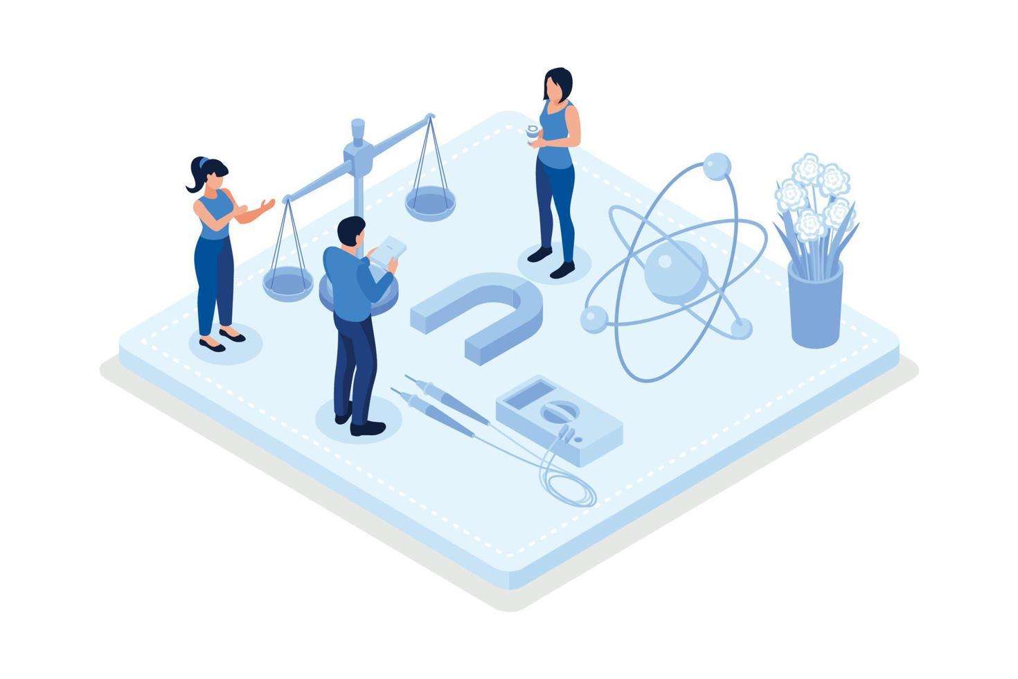 fysik skola ämne begrepp. forskare utforska elektricitet, magnetism, ljus Vinka och krafter. teoretisk och praktisk studie. fysik kurs och lektion, isometrisk vektor modern illustration