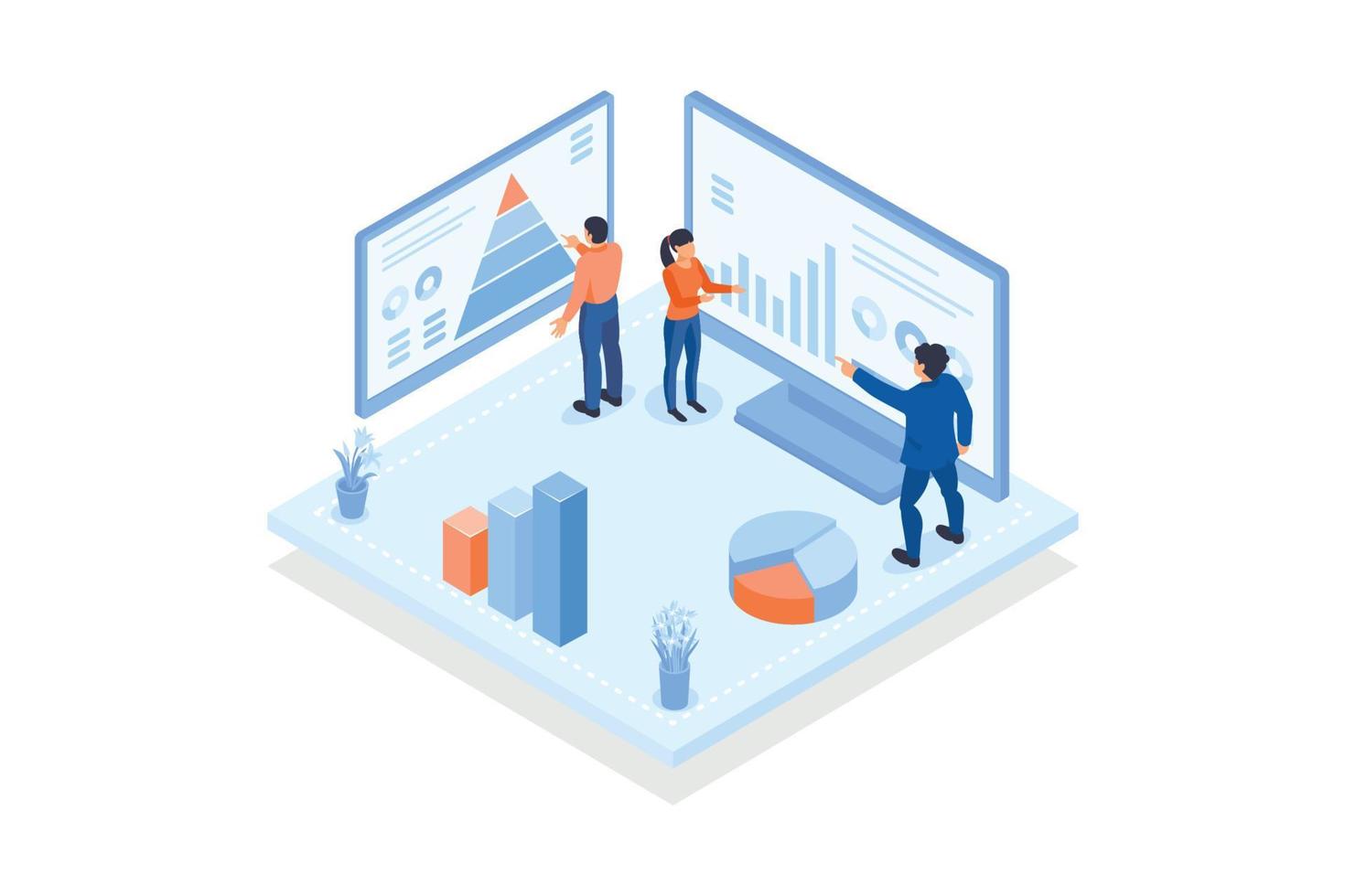 konzeptionelle vorlage mit menschen, die diagramme, diagramme, grafiken analysieren. szene für strukturanalyse, datenanalyse, informationsüberwachungssystem, isometrische vektormoderne illustration vektor