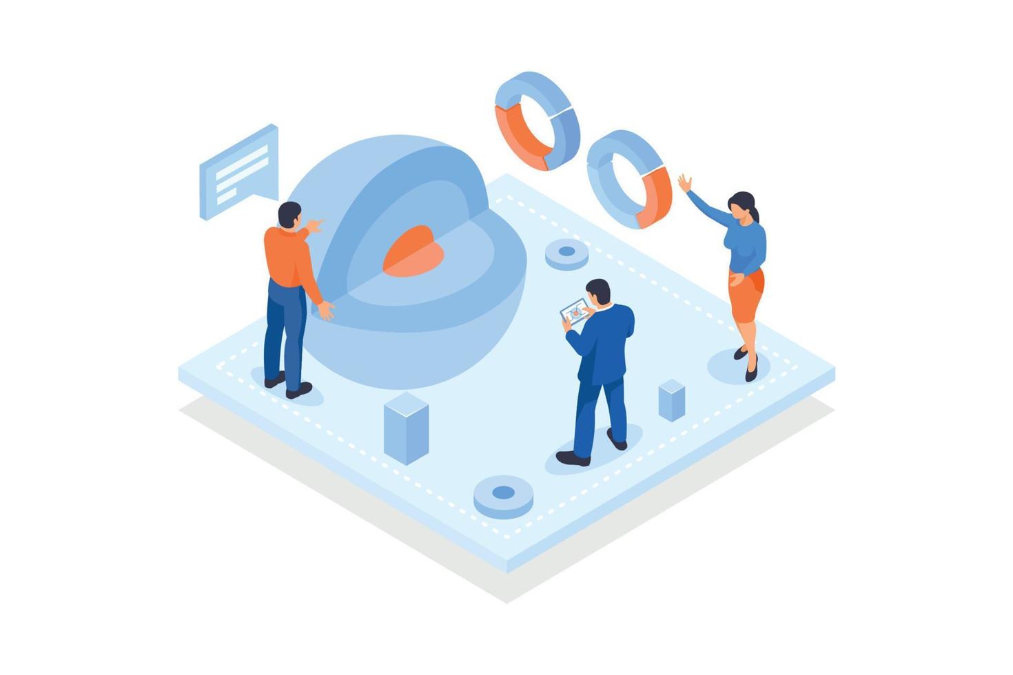 Konzeptvorlage mit Kugel mit ausgeschnittenem Stück, umgeben von Analysten. szene für die zukunft der materialanalyse oder forschung, nanotechnologie, isometrische vektormoderne illustration vektor