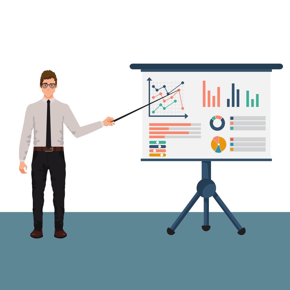 Geschäftsmann Charakter mit Infografiken Präsentationstafel vektor