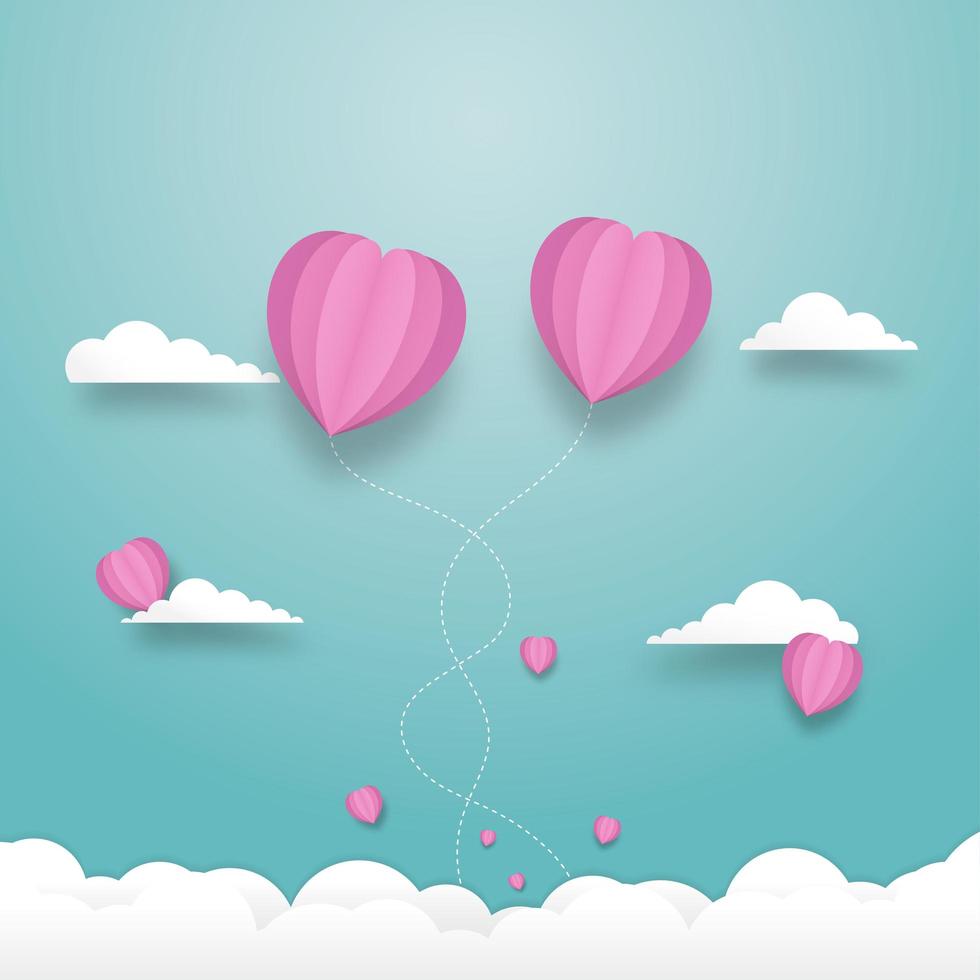 Herzballons fliegen am Himmel mit bewölkt vektor