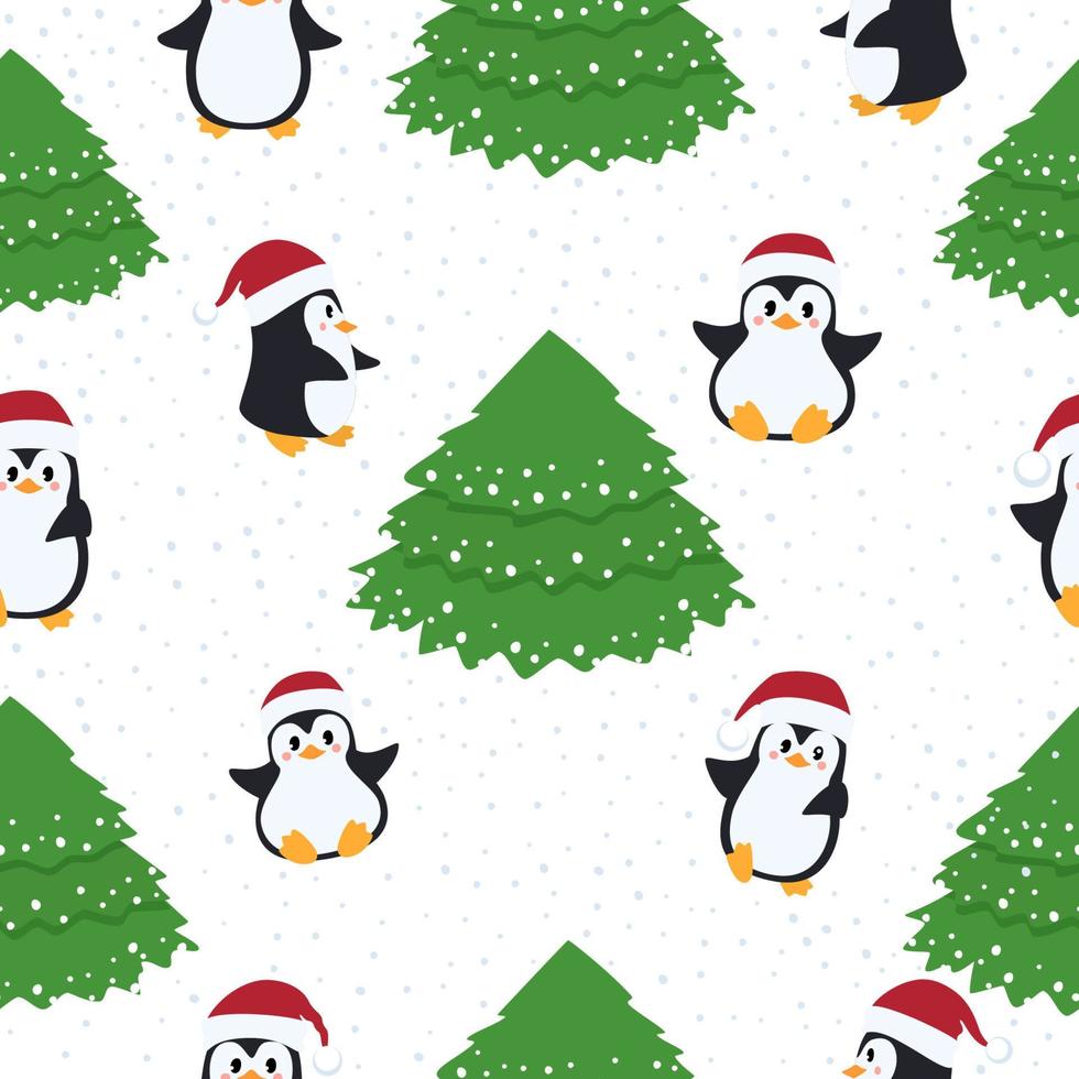 jul sömlös mönster med jul träd och pingviner. ny år skön vektor illustration.