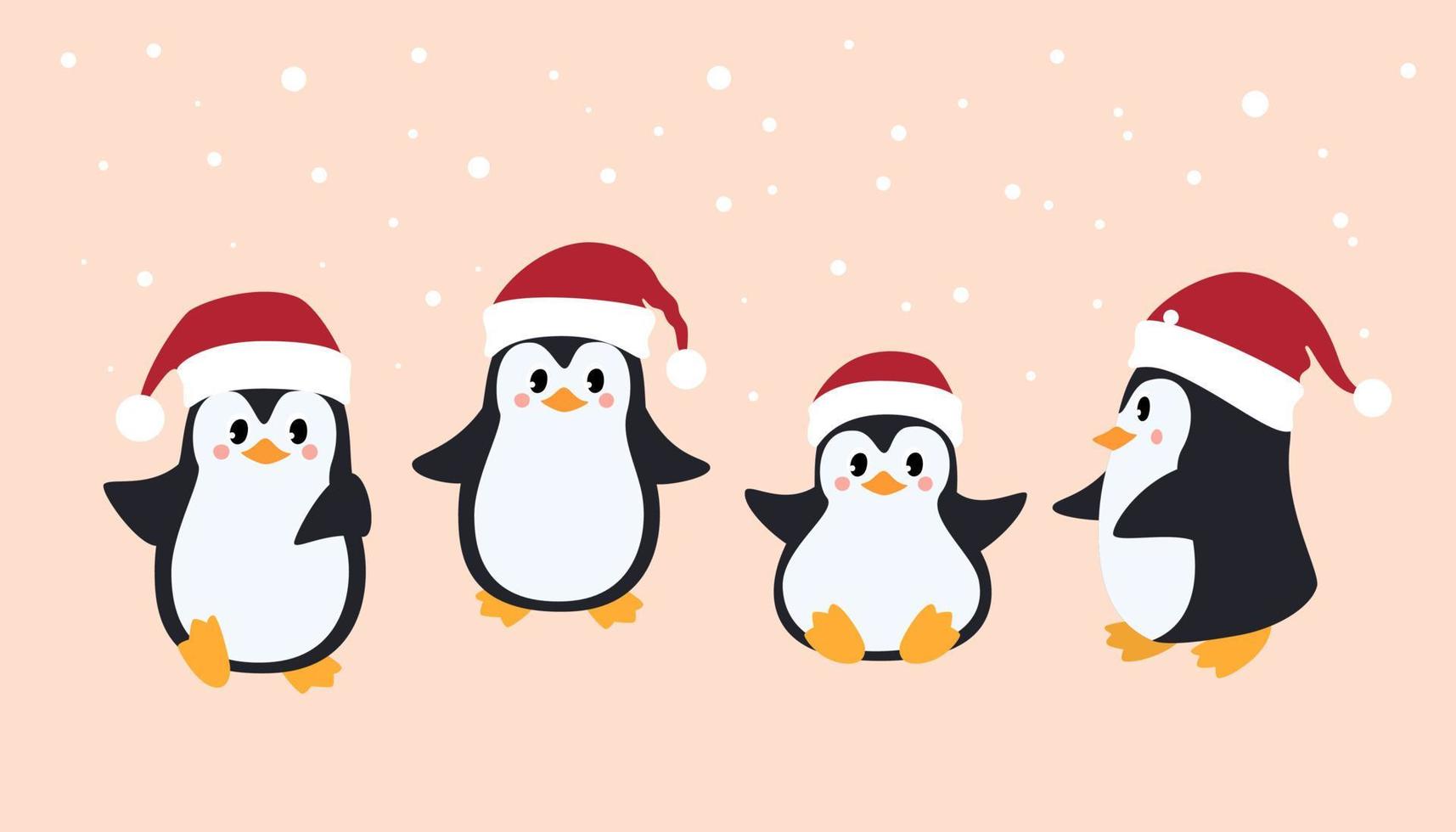 stellen sie pinguine in den roten weihnachtshut des weihnachtsmanns ein. Winterhintergrund. Vektorillustration des neuen Jahres. vektor