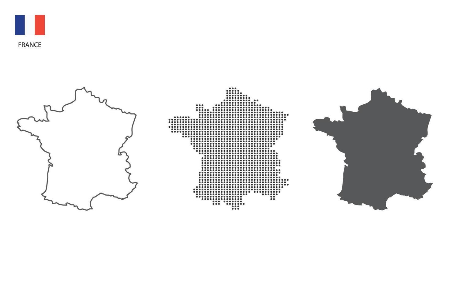 3 Versionen des Frankreich-Kartenstadtvektors durch dünnen schwarzen Umriss-Einfachheitsstil, schwarzen Punktstil und dunklen Schattenstil. alles im weißen Hintergrund. vektor