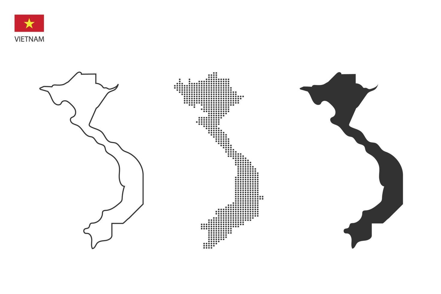 3 Versionen des Vietnam-Kartenstadtvektors durch dünnen schwarzen Umriss-Einfachheitsstil, schwarzen Punktstil und dunklen Schattenstil. alles im weißen Hintergrund. vektor