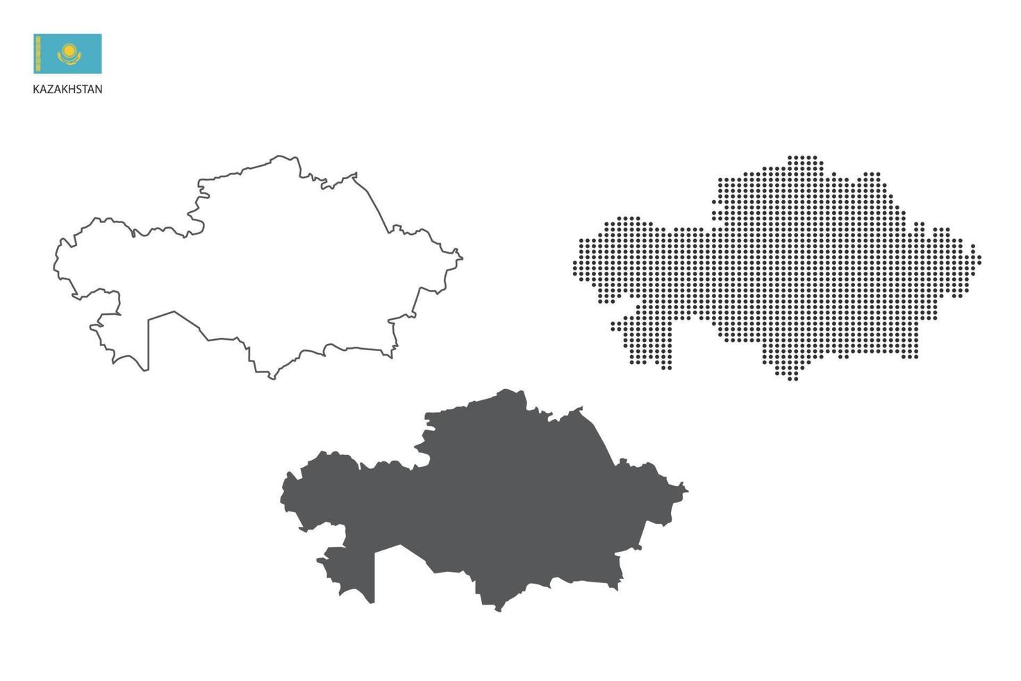 3 Versionen des Kasachstan-Kartenstadtvektors durch dünnen schwarzen Umriss-Einfachheitsstil, schwarzen Punktstil und dunklen Schattenstil. alles im weißen Hintergrund. vektor