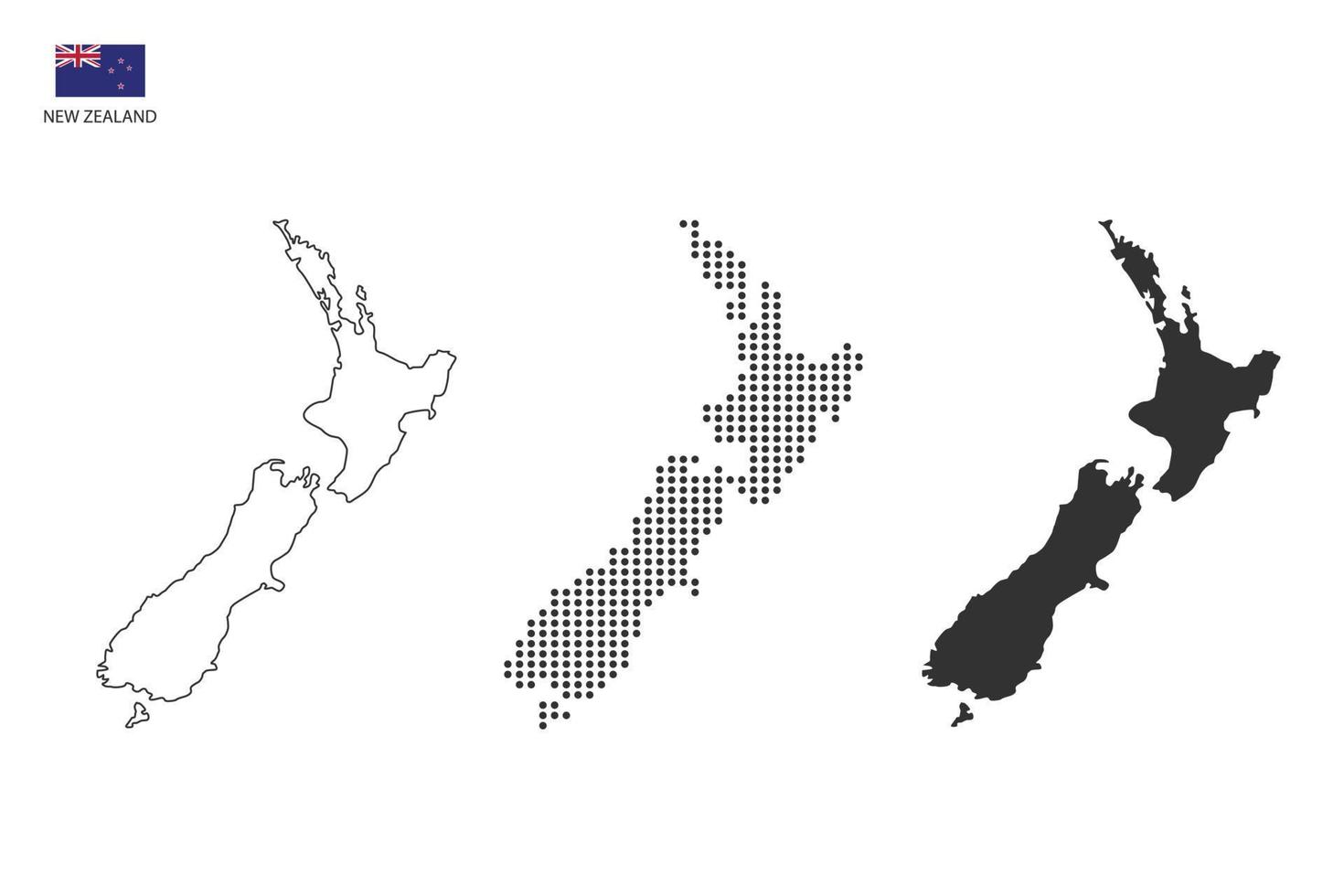 3 versioner av ny zealand Karta stad vektor förbi tunn svart översikt enkelhet stil, svart punkt stil och mörk skugga stil. Allt i de vit bakgrund.