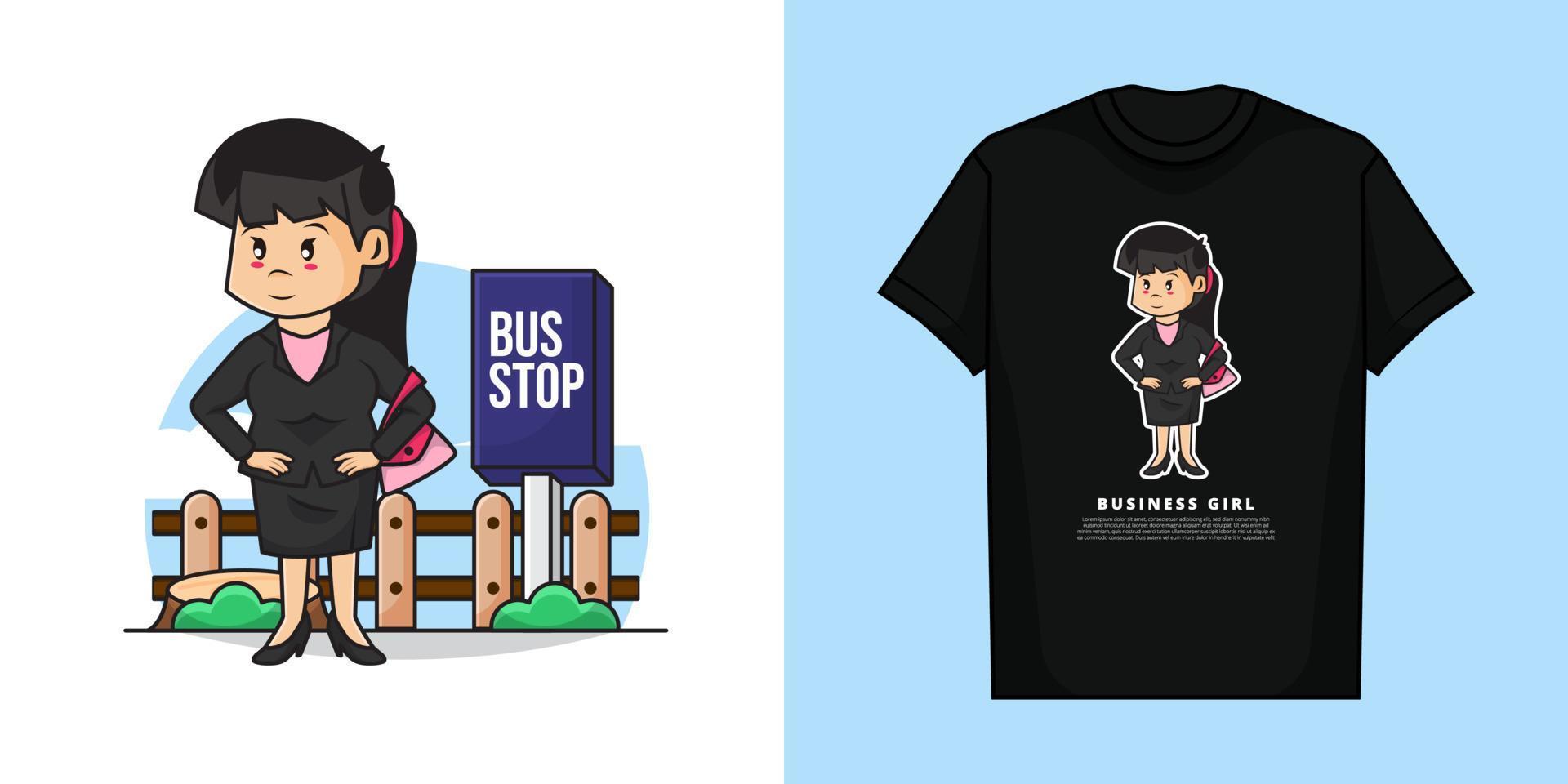 illustration vektor grafisk av söt företag flicka är väntar för de buss med t-shirt design