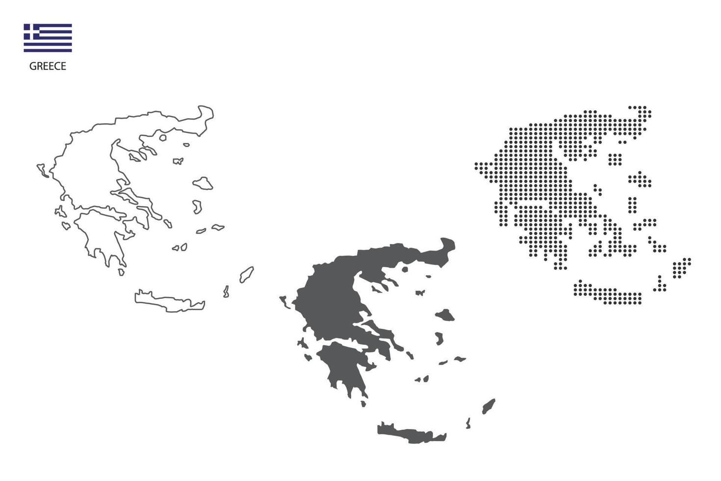 3 Versionen des Griechenland-Kartenstadtvektors durch dünnen schwarzen Umriss-Einfachheitsstil, schwarzen Punktstil und dunklen Schattenstil. alles im weißen Hintergrund. vektor