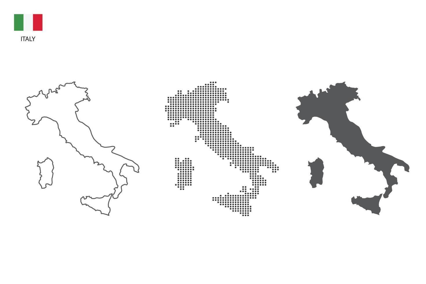 3 versioner av Italien Karta stad vektor förbi tunn svart översikt enkelhet stil, svart punkt stil och mörk skugga stil. Allt i de vit bakgrund.