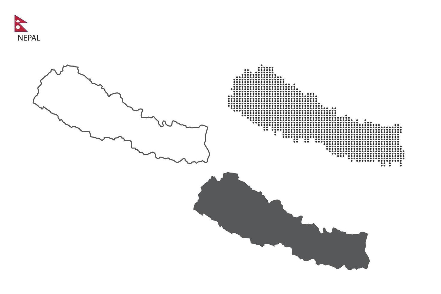 3 versioner av nepal Karta stad vektor förbi tunn svart översikt enkelhet stil, svart punkt stil och mörk skugga stil. Allt i de vit bakgrund.