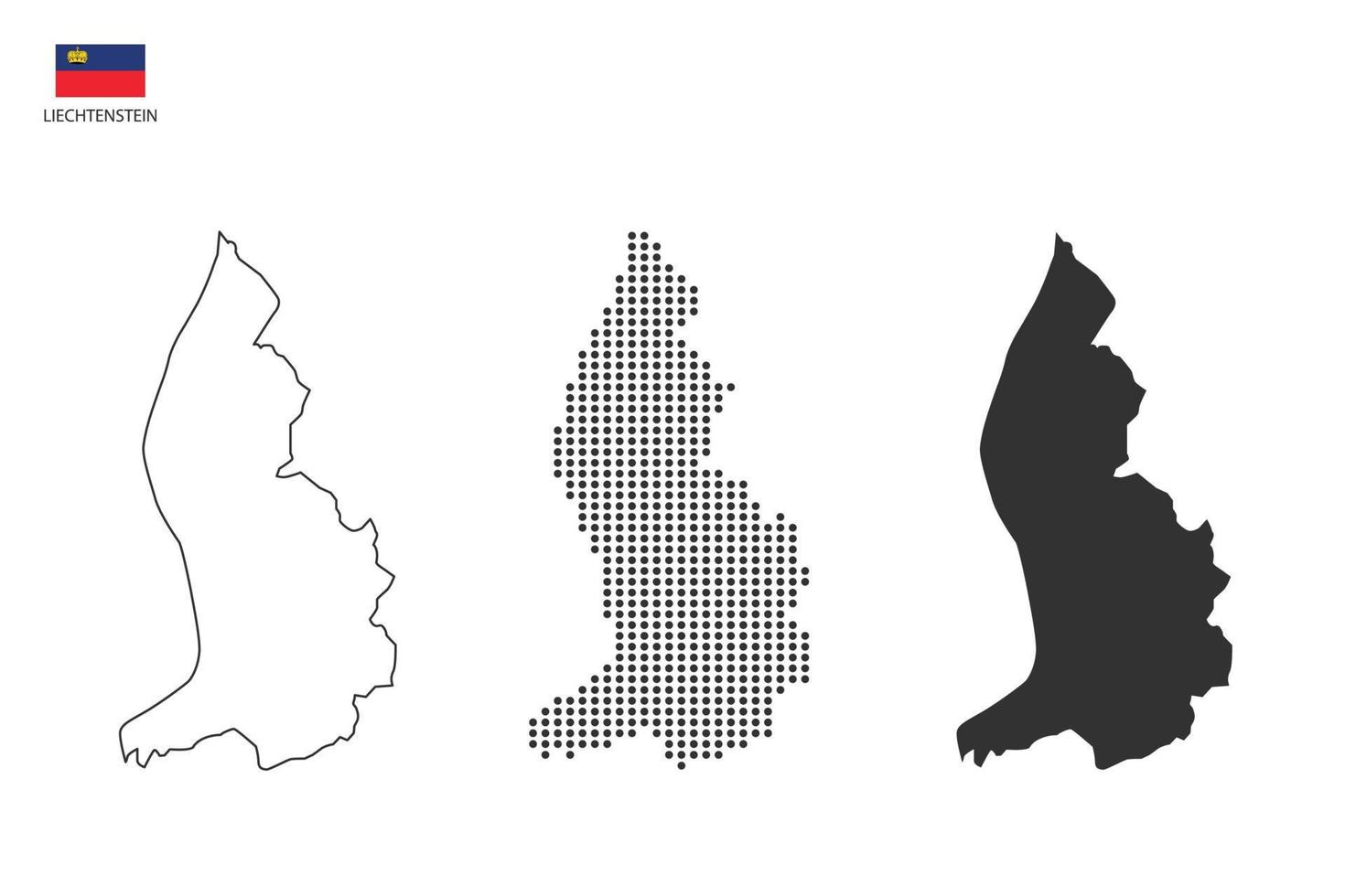 3 Versionen des liechtensteinischen Kartenstadtvektors durch dünnen schwarzen Umriss-Einfachheitsstil, schwarzen Punktstil und dunklen Schattenstil. alles im weißen Hintergrund. vektor