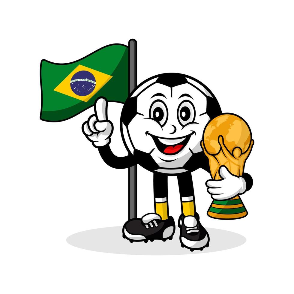 maskot tecknad serie fotboll Brasilien flagga med trofén värld vinnare vektor