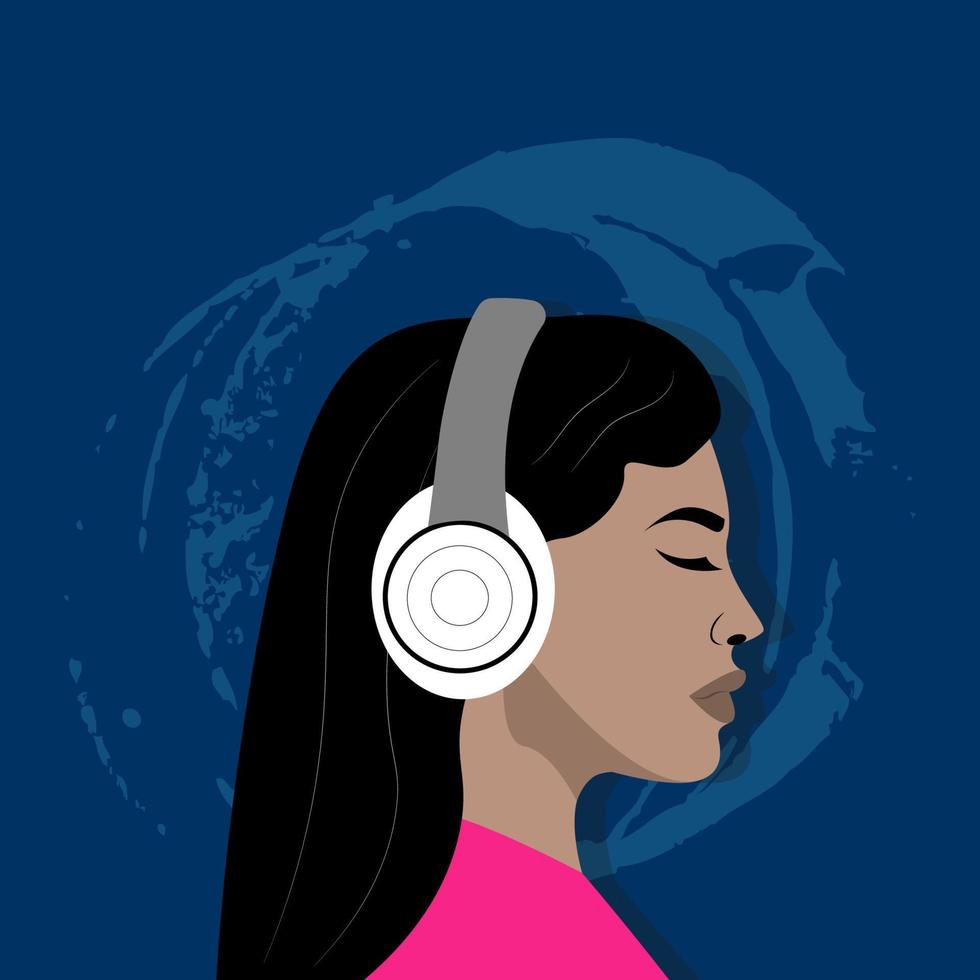 kvinna lyssna till musik på hörlurar. musik terapi. avatar för flickor profil. vektor