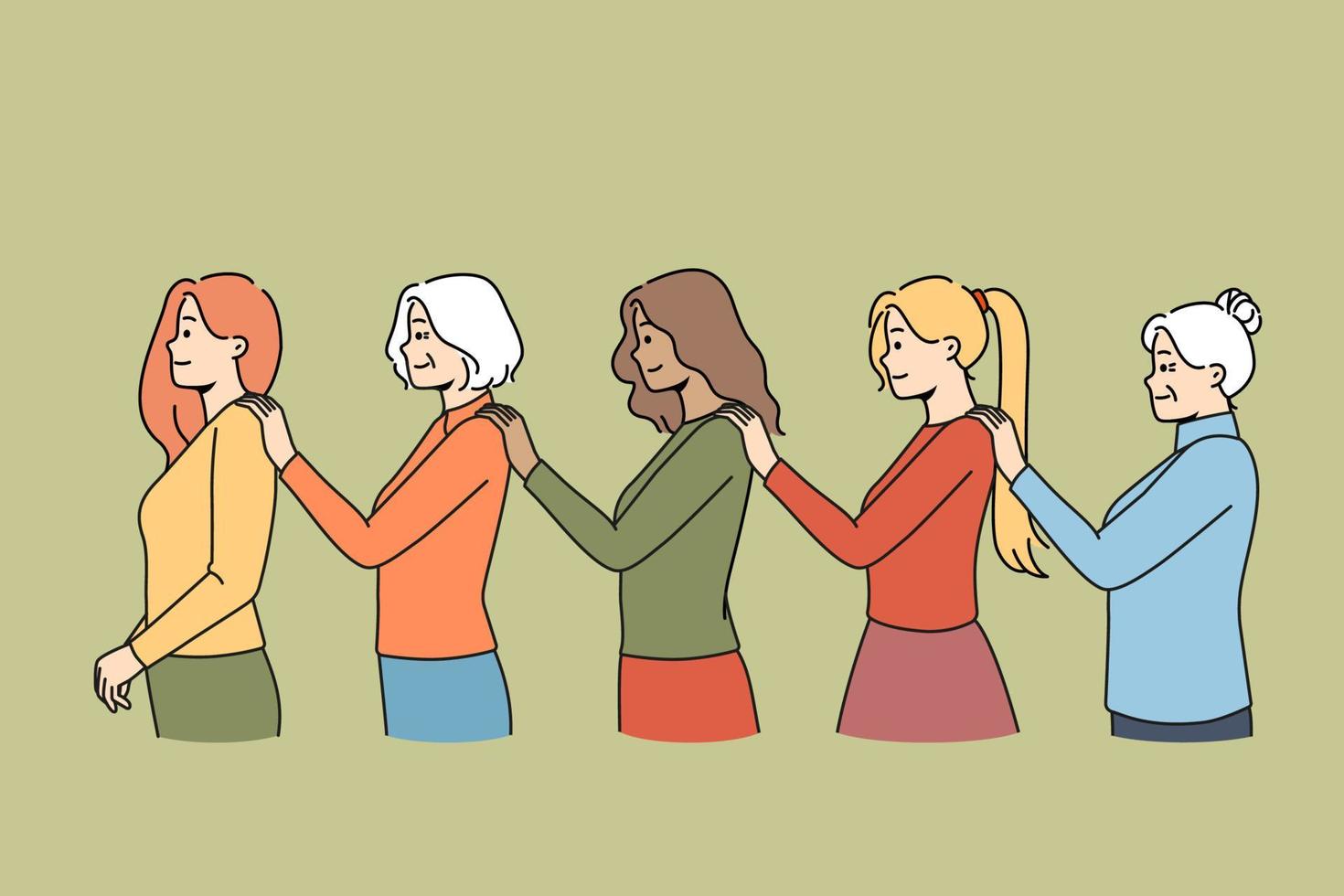 Verschiedene Frauen in einer Reihe halten sich gegenseitig mit Schultern, die Unterstützung und Einheit zeigen. Junge und alte Frauengenerationen kämpfen um Rechte. Feminismus und Solidarität. Vektor-Illustration. vektor